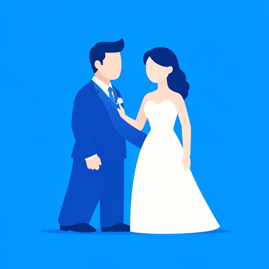 Flat vector illustration of a father and bride sharing a quiet moment near a window, drawn in soft teal lines on a warm cream background